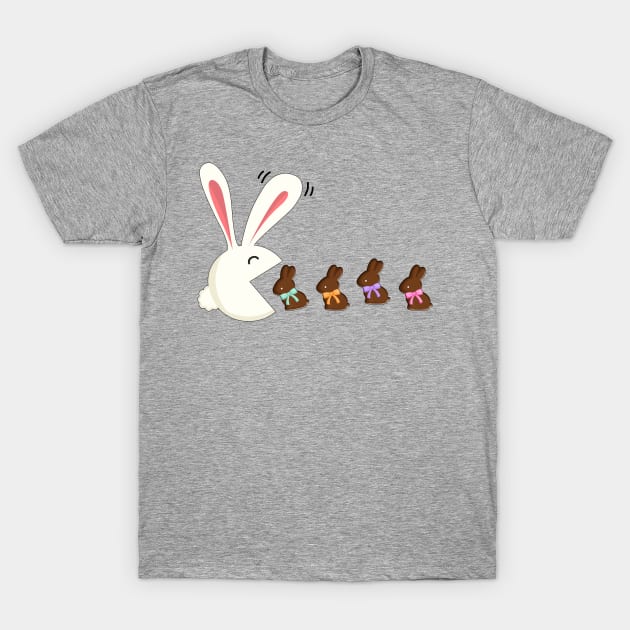 Funny Easter Rabbit Eating Chocolate Easter Bunnies T-Shirt by Dibble Dabble Designs
